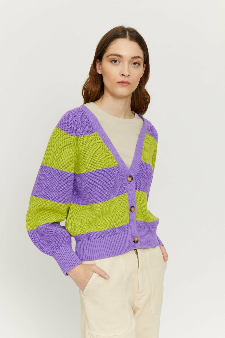 DAMEN Mazine | Mala Striped Cardigan Purple Haze/Leek Green